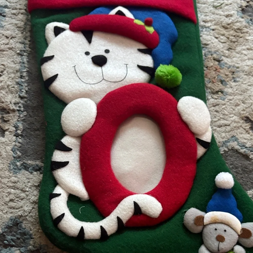 Festive Cat Christmas Stocking - Green and Red